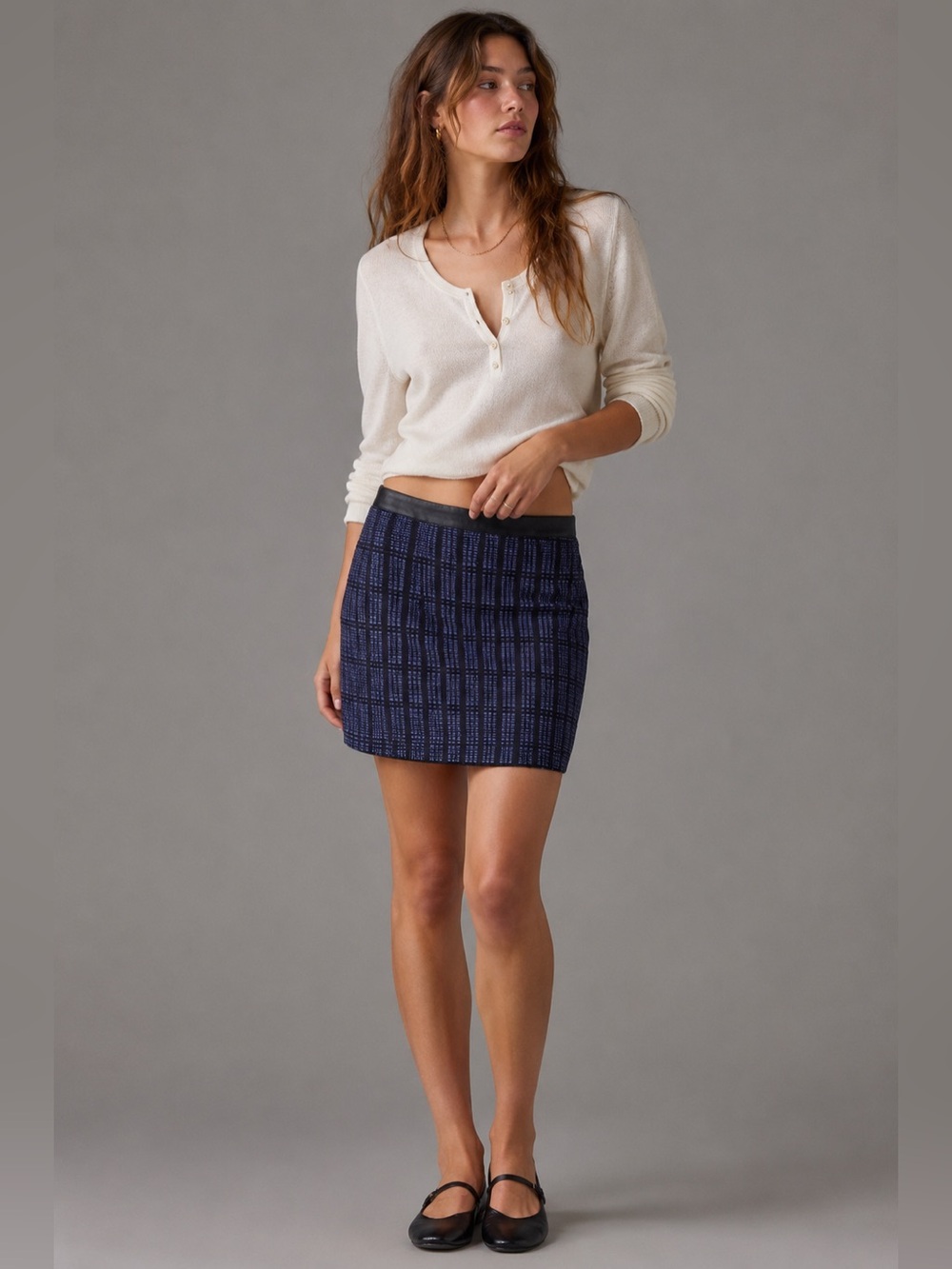 NWT Piperlime Collection Skirt Large Blue Black Textured Faux Leather Mini Lined
